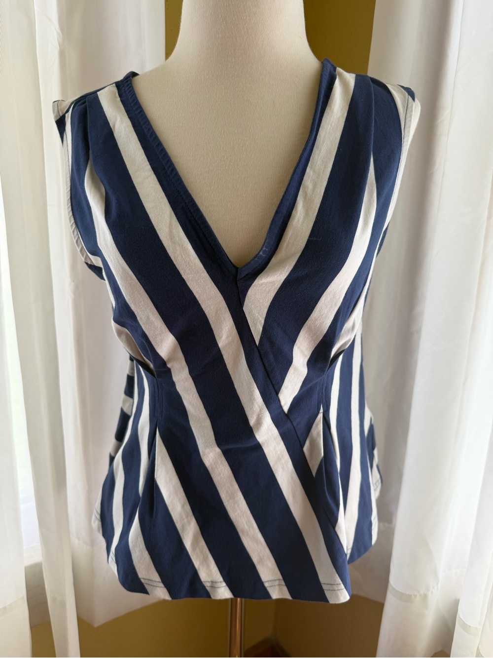 Striped Navy and White Sleeveless Wrap-Front Top
